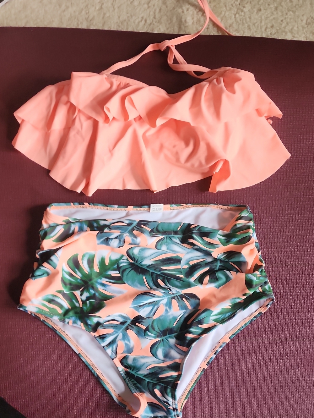 Peach Ruffle Bikini Set with Tropical High-Waist Bottoms